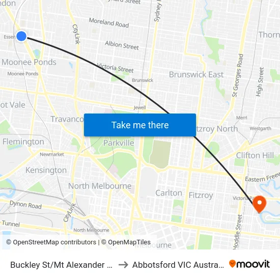 Buckley St/Mt Alexander Rd to Abbotsford VIC Australia map