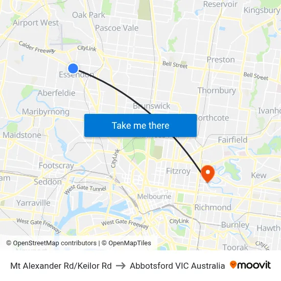 Mt Alexander Rd/Keilor Rd to Abbotsford VIC Australia map