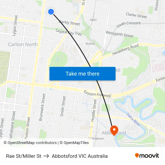 Rae St/Miller St to Abbotsford VIC Australia map