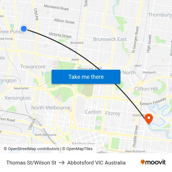Thomas St/Wilson St to Abbotsford VIC Australia map