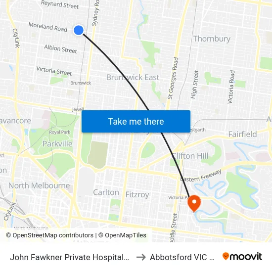 John Fawkner Private Hospital/Moreland Rd to Abbotsford VIC Australia map