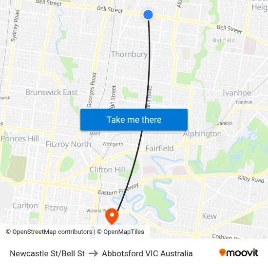 Newcastle St/Bell St to Abbotsford VIC Australia map
