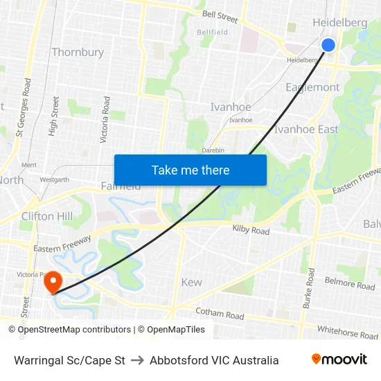 Warringal Sc/Cape St to Abbotsford VIC Australia map