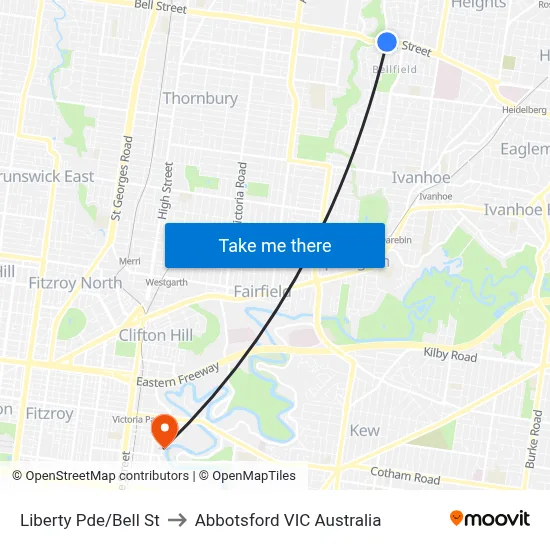 Liberty Pde/Bell St to Abbotsford VIC Australia map