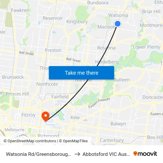 Watsonia Rd/Greensborough Hwy to Abbotsford VIC Australia map