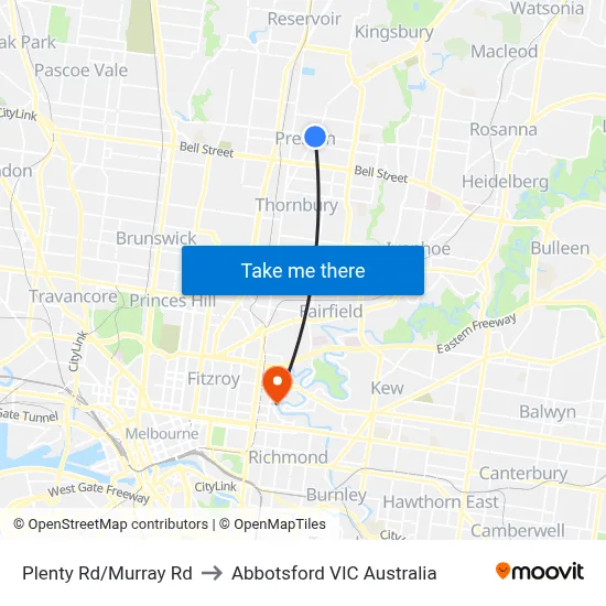 Plenty Rd/Murray Rd to Abbotsford VIC Australia map