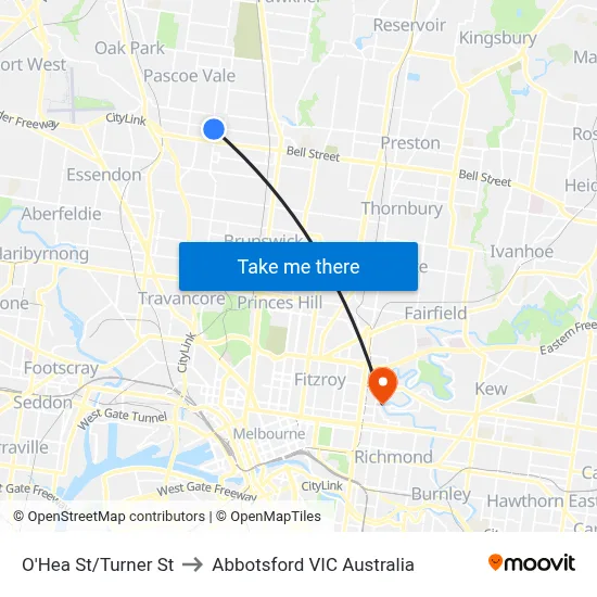 O'Hea St/Turner St to Abbotsford VIC Australia map
