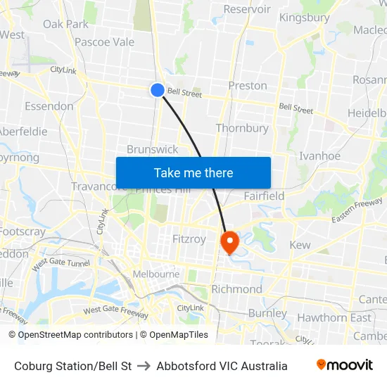 Coburg Station/Bell St to Abbotsford VIC Australia map