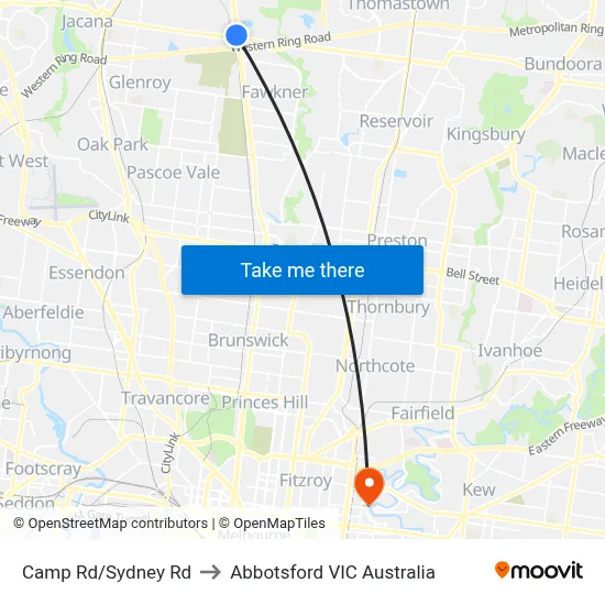Camp Rd/Sydney Rd to Abbotsford VIC Australia map