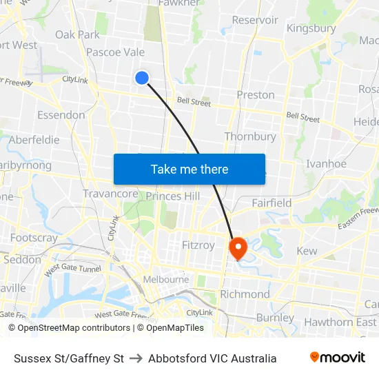 Sussex St/Gaffney St to Abbotsford VIC Australia map