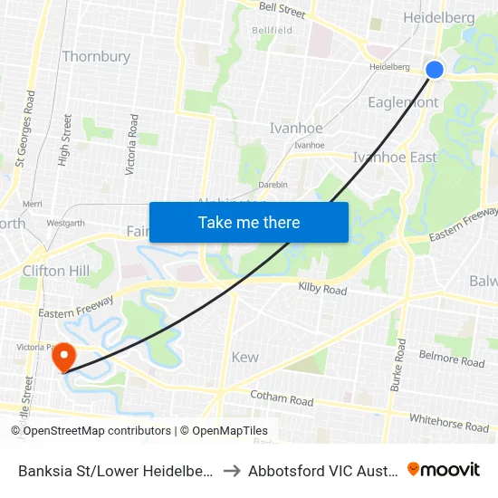 Banksia St/Lower Heidelberg Rd to Abbotsford VIC Australia map
