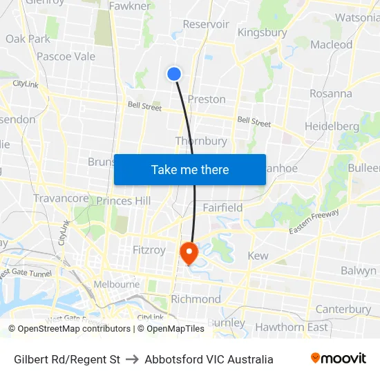 Gilbert Rd/Regent St to Abbotsford VIC Australia map