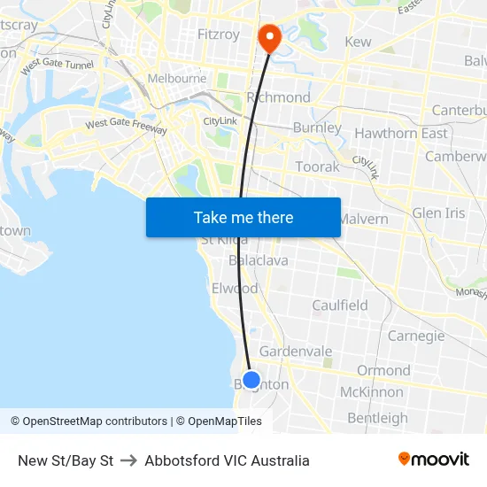 New St/Bay St to Abbotsford VIC Australia map