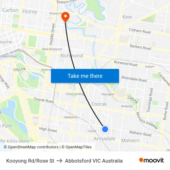 Kooyong Rd/Rose St to Abbotsford VIC Australia map