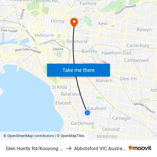 Glen Huntly Rd/Kooyong Rd to Abbotsford VIC Australia map
