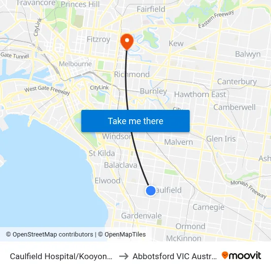 Caulfield Hospital/Kooyong Rd to Abbotsford VIC Australia map