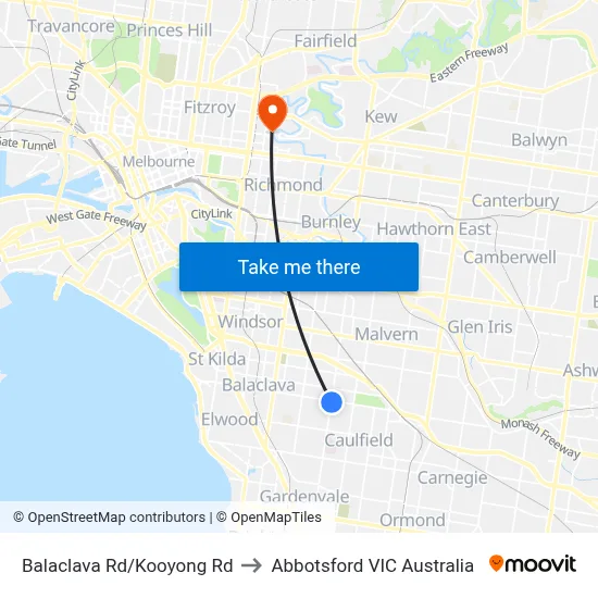 Balaclava Rd/Kooyong Rd to Abbotsford VIC Australia map