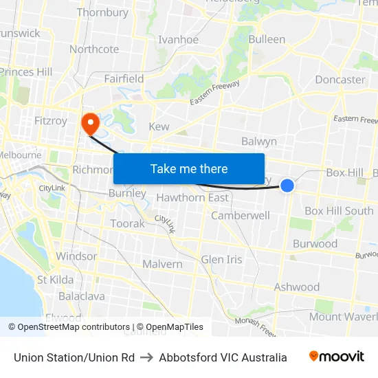 Union Station/Union Rd to Abbotsford VIC Australia map