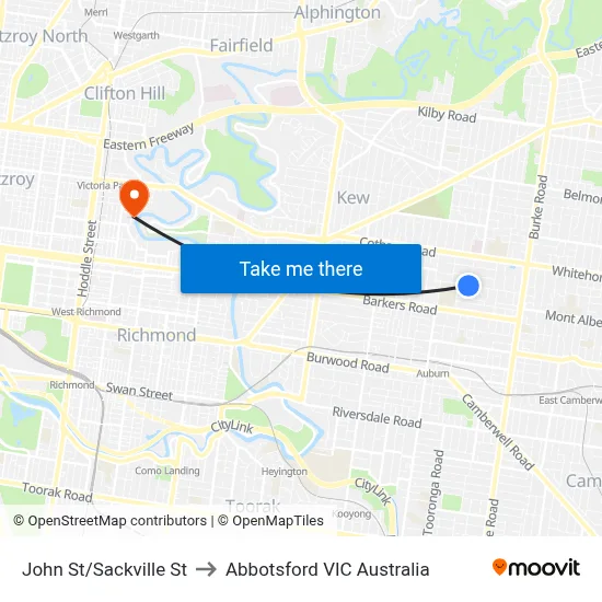 John St/Sackville St to Abbotsford VIC Australia map