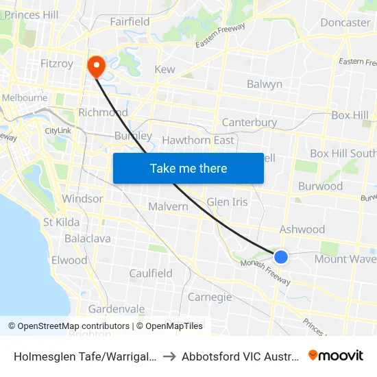 Holmesglen Tafe/Warrigal Rd to Abbotsford VIC Australia map