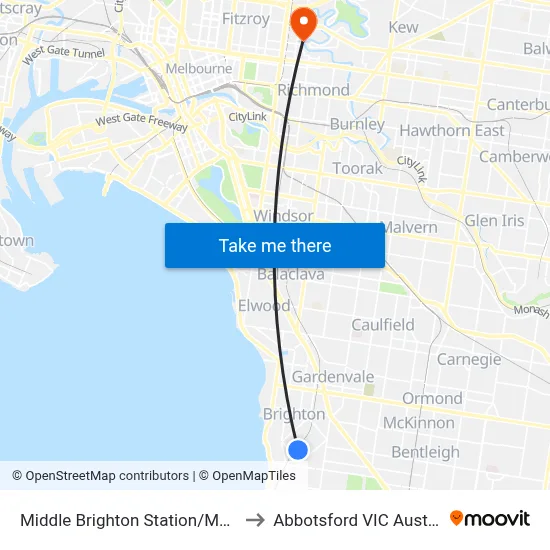 Middle Brighton Station/Male St to Abbotsford VIC Australia map