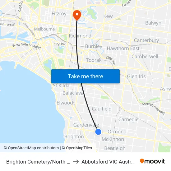 Brighton Cemetery/North Rd to Abbotsford VIC Australia map