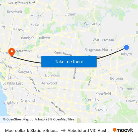 Mooroolbark Station/Brice Ave to Abbotsford VIC Australia map