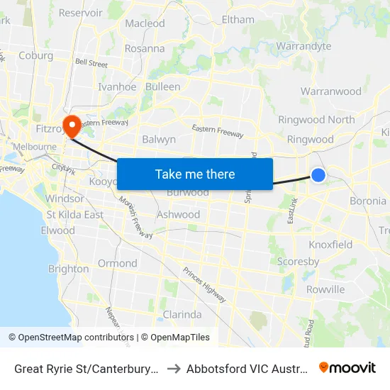 Great Ryrie St/Canterbury Rd to Abbotsford VIC Australia map