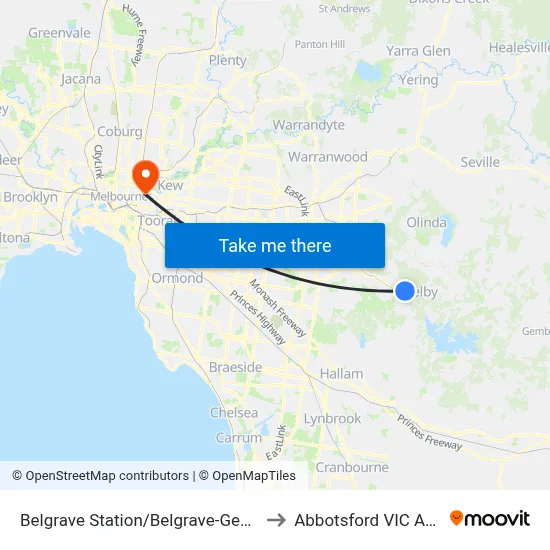 Belgrave Station/Belgrave-Gembrook Rd to Abbotsford VIC Australia map