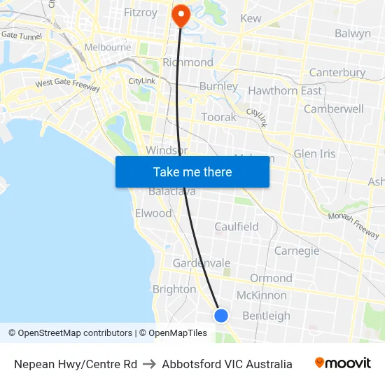 Nepean Hwy/Centre Rd to Abbotsford VIC Australia map