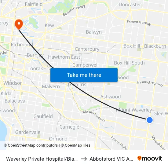 Waverley Private Hospital/Blackburn Rd to Abbotsford VIC Australia map