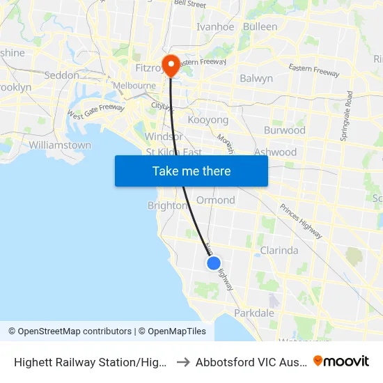 Highett Railway Station/Highett Rd to Abbotsford VIC Australia map