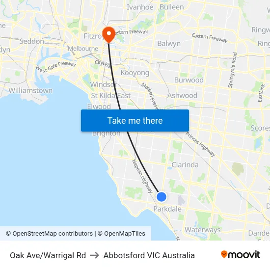 Oak Ave/Warrigal Rd to Abbotsford VIC Australia map