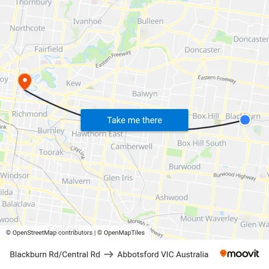 Blackburn Rd/Central Rd to Abbotsford VIC Australia map