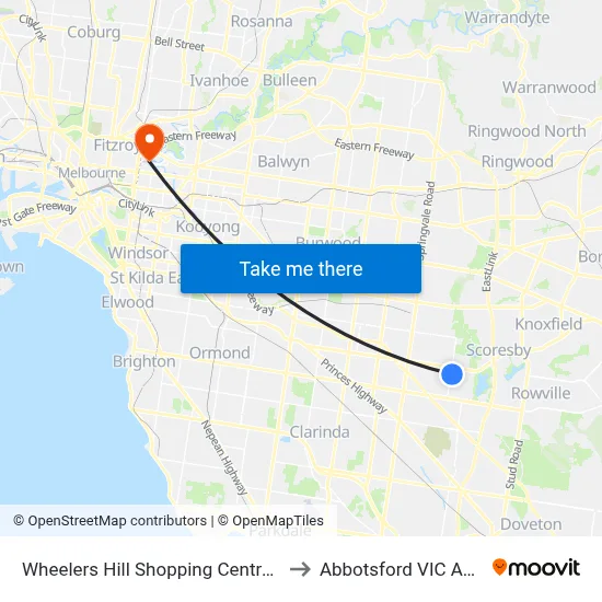 Wheelers Hill Shopping Centre/Jells Rd to Abbotsford VIC Australia map