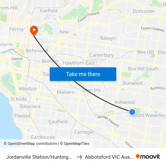 Jordanville Station/Huntingdale Rd to Abbotsford VIC Australia map