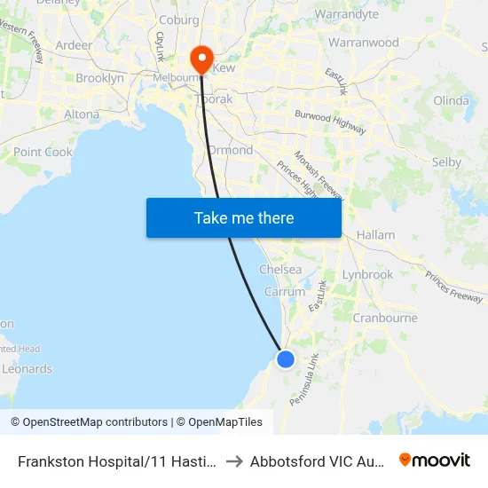 Frankston Hospital/11 Hastings Rd to Abbotsford VIC Australia map