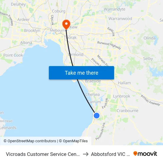 Vicroads Customer Service Center/Hartnett Dr to Abbotsford VIC Australia map
