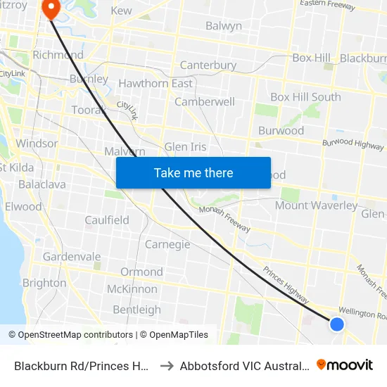 Blackburn Rd/Princes Hwy to Abbotsford VIC Australia map