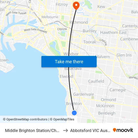 Middle Brighton Station/Church St to Abbotsford VIC Australia map