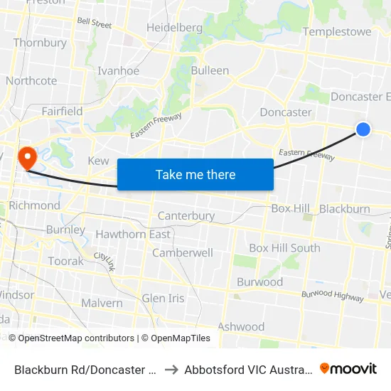 Blackburn Rd/Doncaster Rd to Abbotsford VIC Australia map