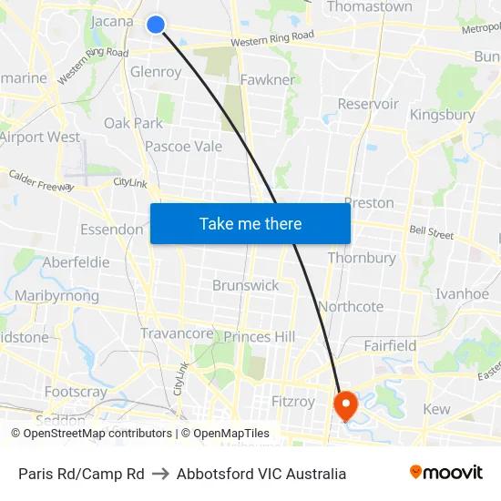 Paris Rd/Camp Rd to Abbotsford VIC Australia map