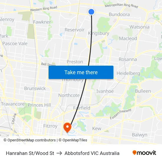 Hanrahan St/Wood St to Abbotsford VIC Australia map