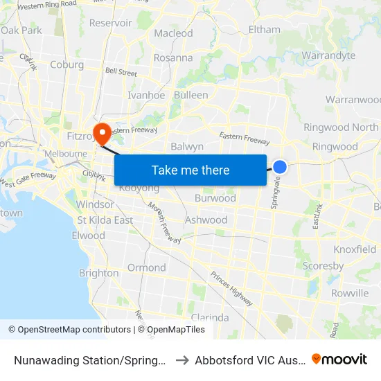 Nunawading Station/Springvale Rd to Abbotsford VIC Australia map