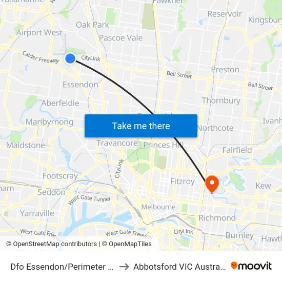 Dfo Essendon/Perimeter Rd to Abbotsford VIC Australia map