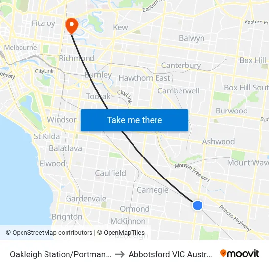 Oakleigh Station/Portman St to Abbotsford VIC Australia map