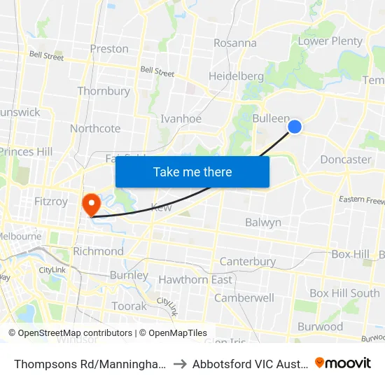 Thompsons Rd/Manningham Rd to Abbotsford VIC Australia map