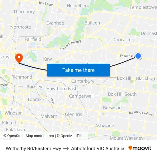 Wetherby Rd/Eastern Fwy to Abbotsford VIC Australia map