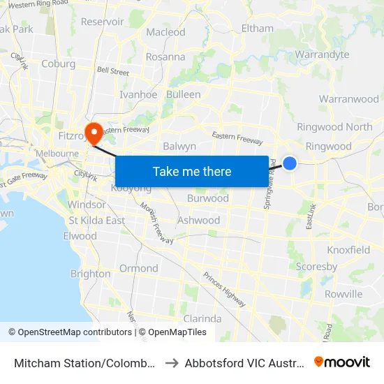 Mitcham Station/Colombo St to Abbotsford VIC Australia map
