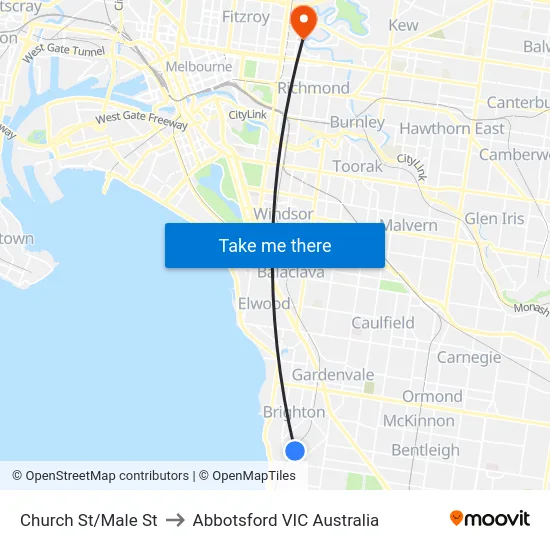Church St/Male St to Abbotsford VIC Australia map